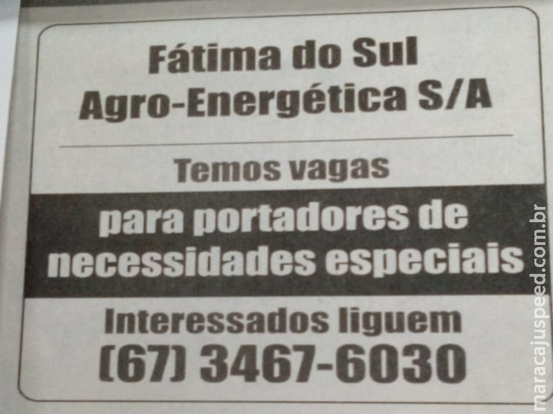 Fátima do Sul Agro-Energética contrata profissionais com necessidades especiais 