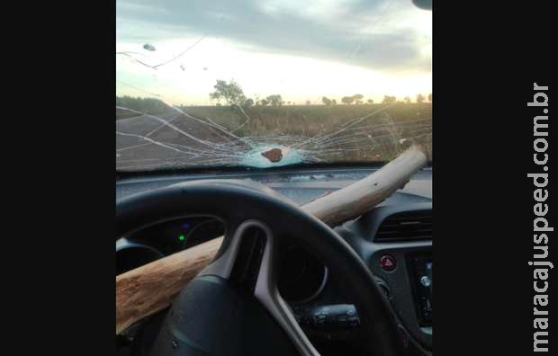 Inacreditável: tora se solta de caminhão e atinge carro em Água Clara