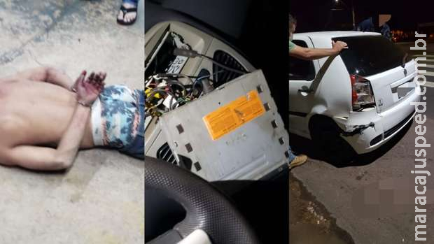 Bandido rouba carro, é perseguido, bate veículo e apanha de moradores