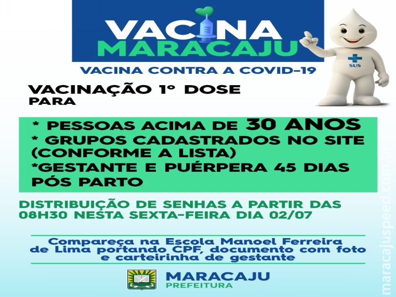 Maracaju avança na imunização da COVIOD-19 e pessoas acima de 30 ANOS poderão tomar a 1ª DOSE da vacina