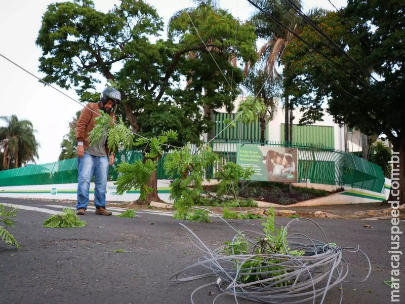 Após chuva e vento, fios amanhecem caídos em cruzamernto no Jardim dos Estados