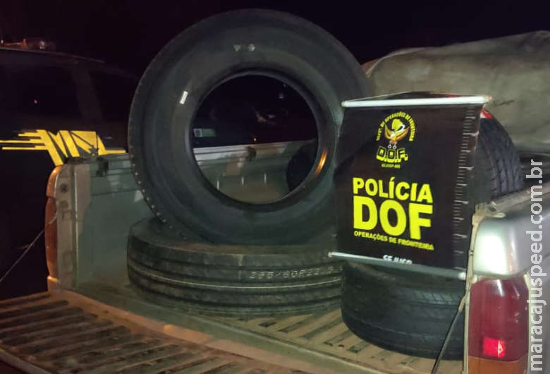 Caminhonete é apreendida carregada com pneus contrabandeados do Paraguai Caminhonete é apreendida carregada com pneus contrabandeados do Paraguai