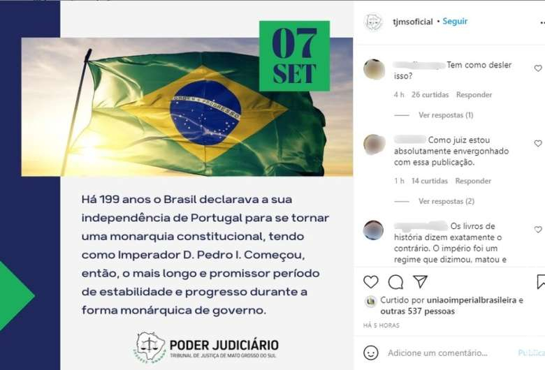 TJ/MS exalta monarquia em post após Fux mandar retirar bandeira TJ/MS exalta monarquia em post após Fux mandar retirar bandeira