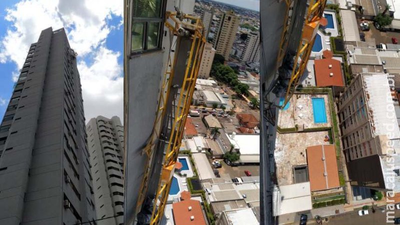 Trabalhadores ficaram pendurados no último andar de prédio a 63 metros de altura em Campo Grande Trabalhadores ficaram pendurados no último andar de prédio a 63 metros de altura em Campo Grande