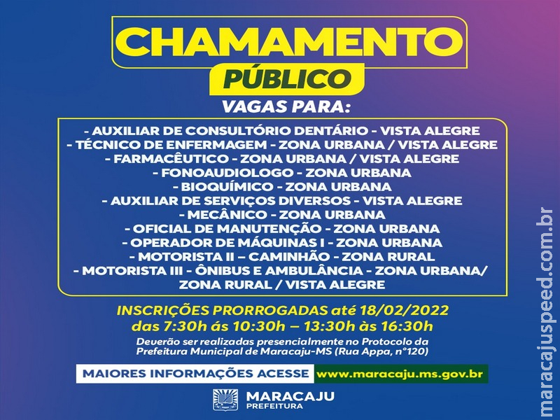Prefeitura de Maracaju realiza “Chamamento Público” com diversas vagas para Maracaju e Vista Alegre