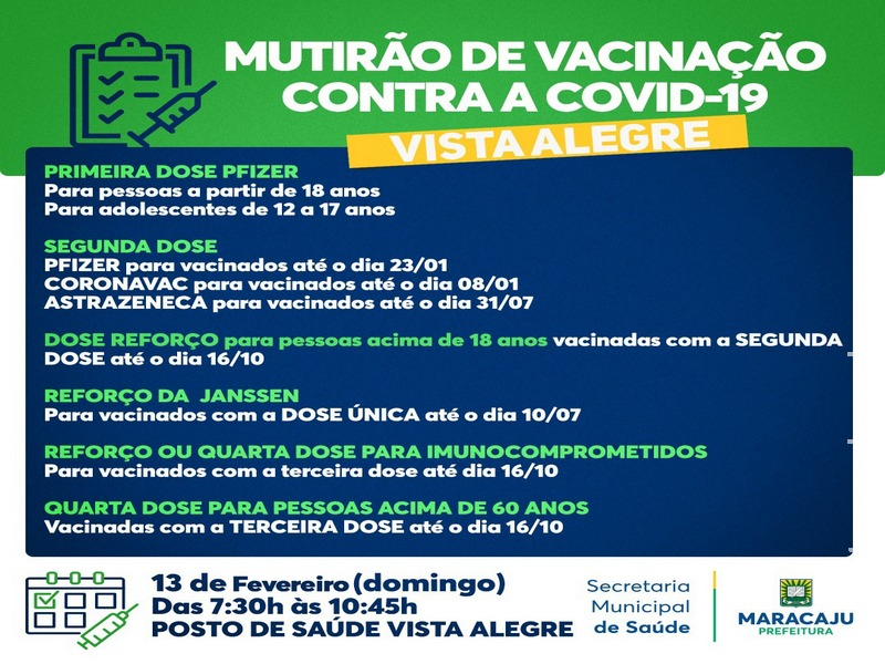 VISTA ALEGRE: A Prefeitura de Maracaju informa que haverá Mutirão da Vacina contra a Covid-19 neste domingo (13)