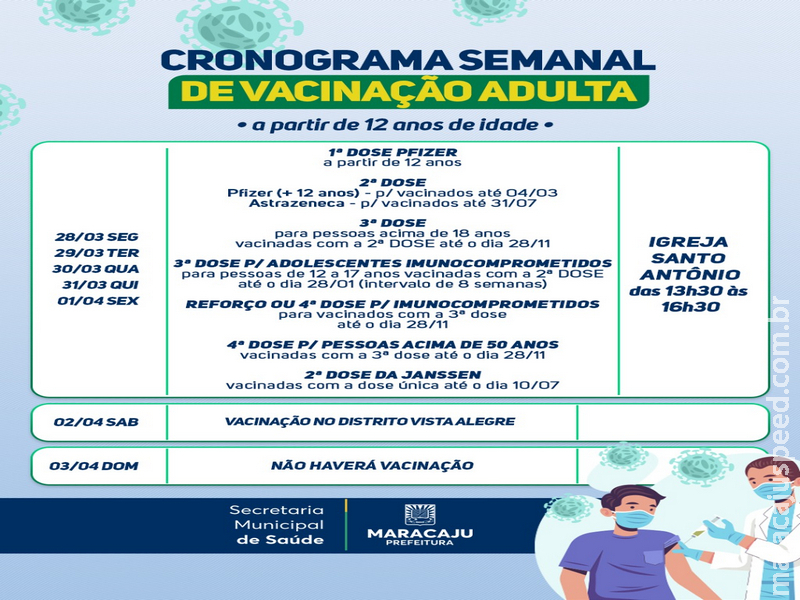 Confira o cronograma de Vacinação Adulto do público que irá se vacinar contra a Covid-19 no período de 28/03 á 02/04