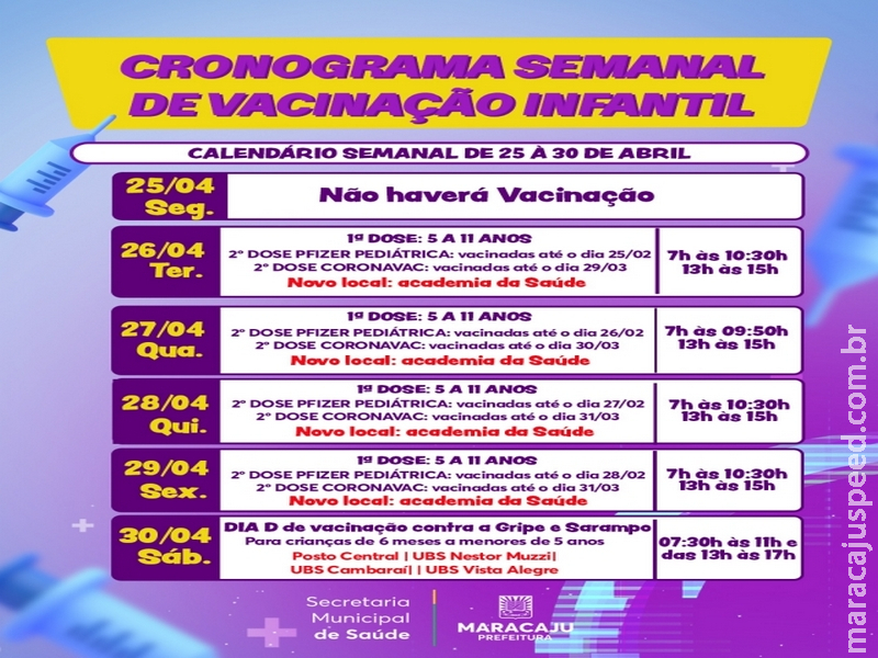 Prefeitura de Maracaju divulga o Cronograma semanal de Vacinação Infantil para crianças de 5 a 11 anos contra a Covid-19 Prefeitura de Maracaju divulga o Cronograma semanal de Vacinação Infantil para crianças de 5 a 11 anos contra a Covid-19