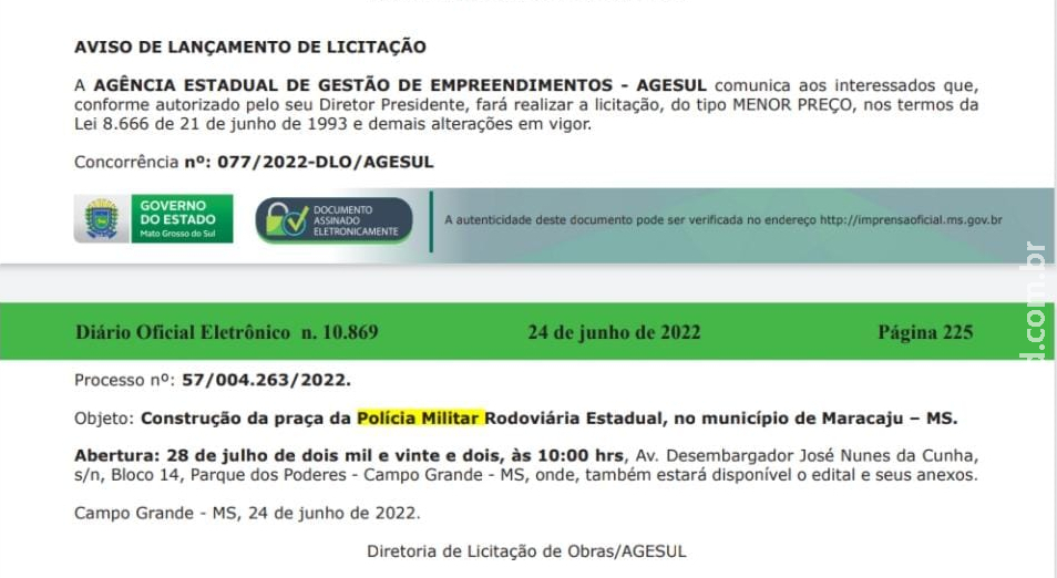 Maracaju: Agesul publica no diário oficial, a abertura de licitação para construção da praça da Polícia Militar Rodoviária Estadual as margens da Rodovia MS-162