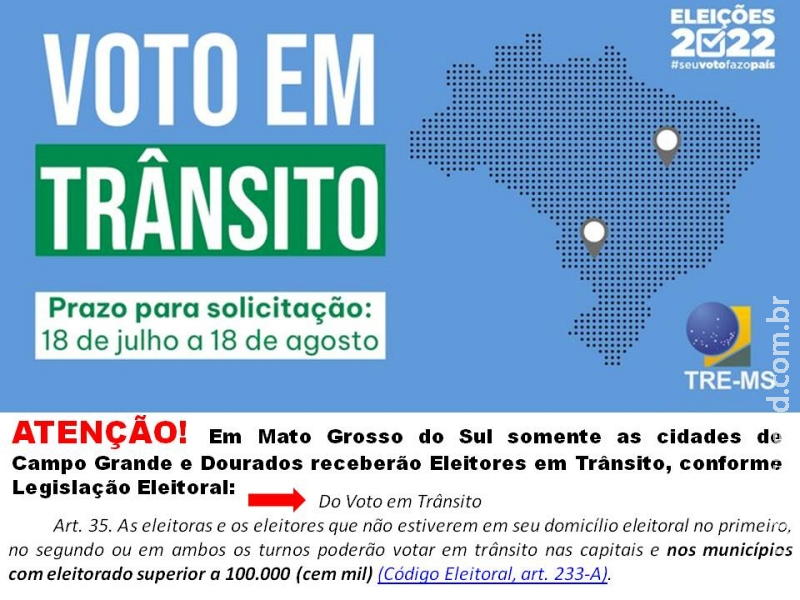 No Mato Grosso do Sul, haverá voto em trânsito somente nos municípios de Campo Grande e Dourados