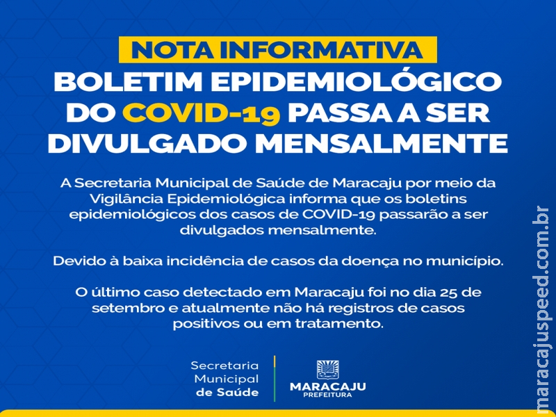 Maracaju: Diante da expressiva queda nos casos, Prefeitura de Maracaju informa que boletins da COVID-19 serão divulgados mensalmente