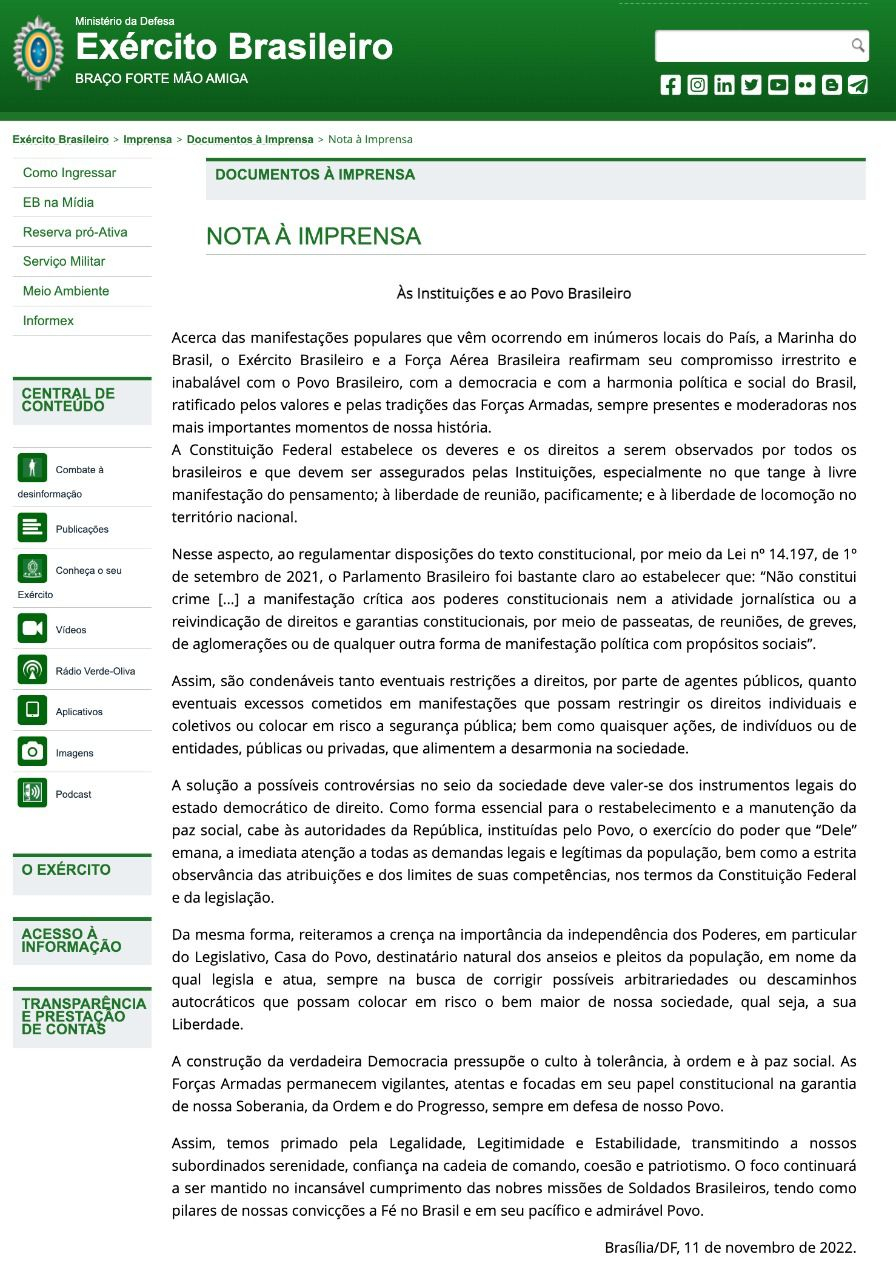 Forças Armadas Brasileiras reafirmam apoio à democracia e dizem que manifestações são legítimas, mas condenam excessos por parte de agentes públicos Forças Armadas Brasileiras reafirmam apoio à democracia e dizem que manifestações são legítimas, mas condenam excessos por parte de agentes públicos