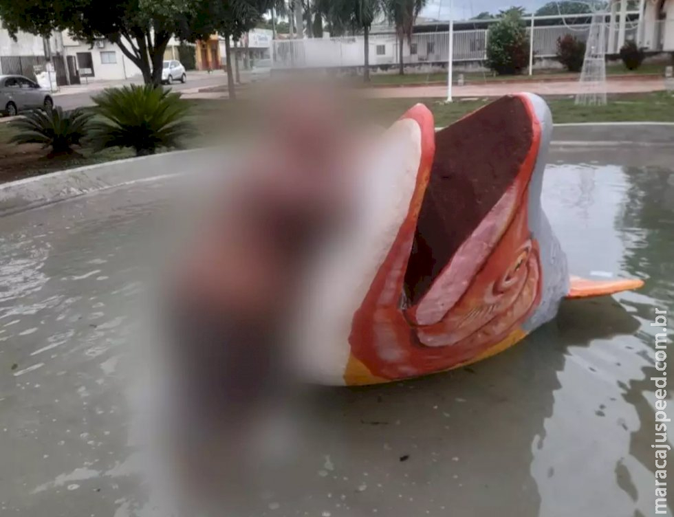 Moradores vandalizam monumento inaugurado há 1 dia e fazem fonte de piscina Moradores vandalizam monumento inaugurado há 1 dia e fazem fonte de piscina