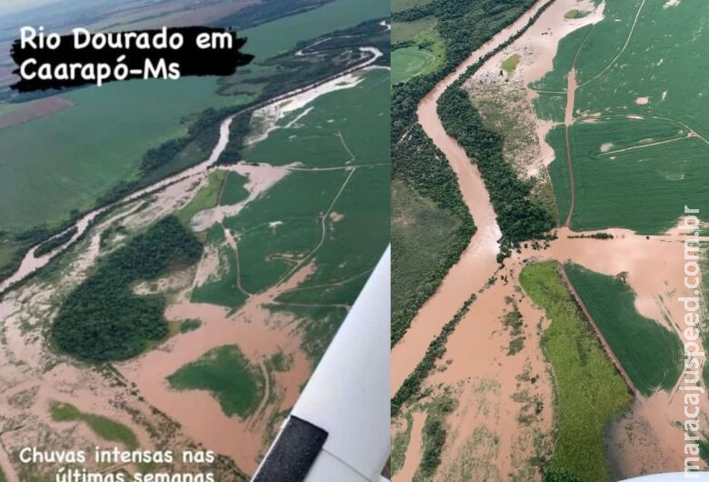 Cheia no Rio Dourados deixa estrada submersa e invade plantações