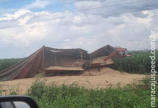 Caminhão tomba após ação rápida de motorista ao ver freio falhar na BR-060, em MS
