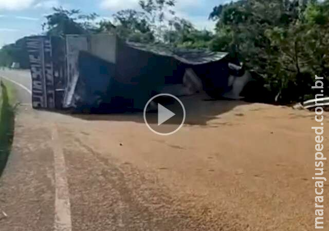 Carreta carregada com soja tomba e interdita trecho de rodovia