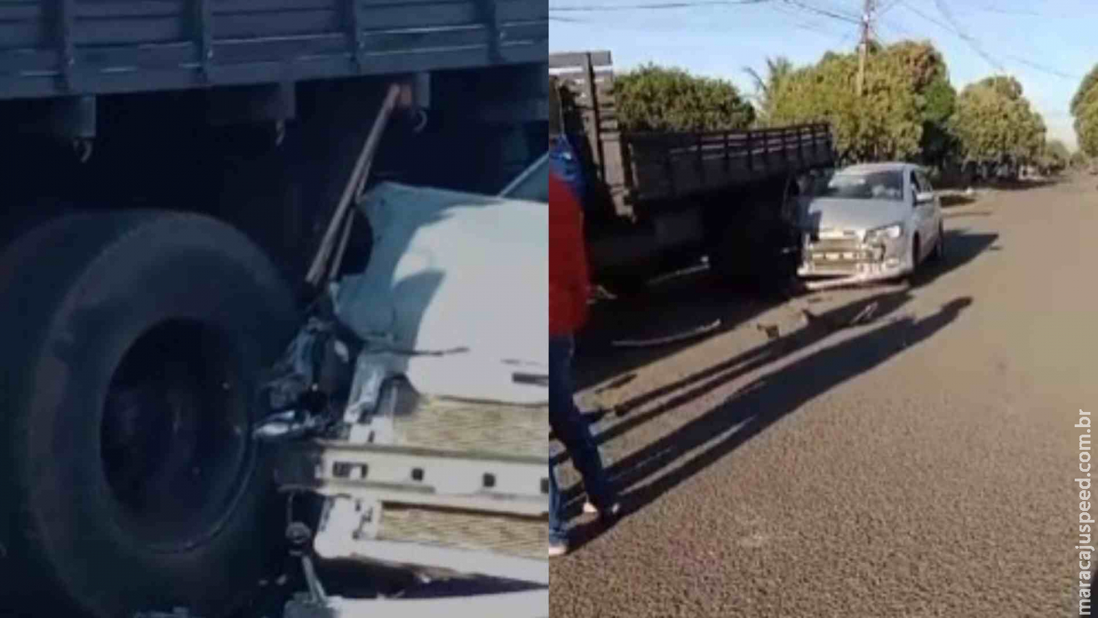 Carro fica destruído após bater na traseira de caminhão estacionado no Jardim Presidente