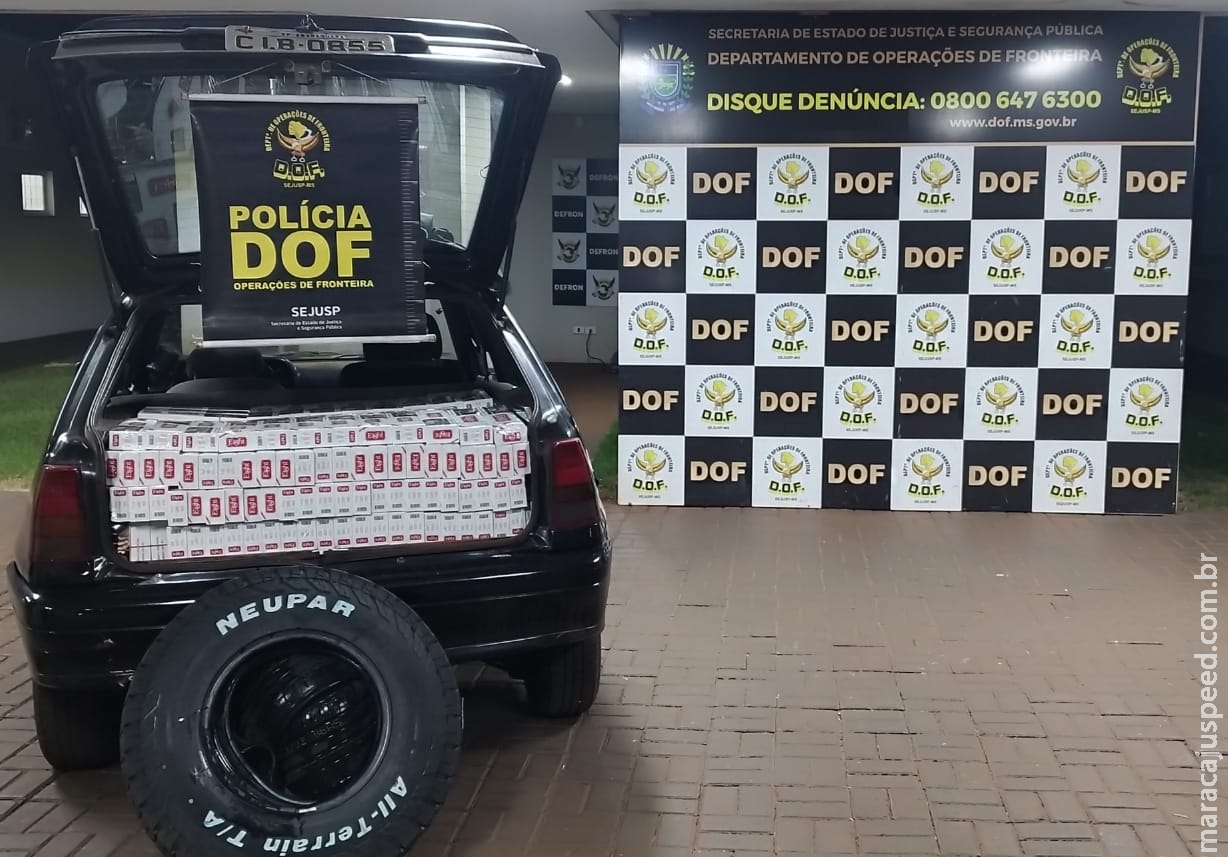 DOF apreende carro com pneus e cigarros contrabandeados do Paraguai DOF apreende carro com pneus e cigarros contrabandeados do Paraguai