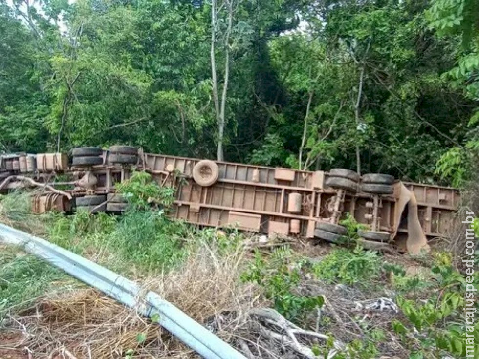 Após falha nos freios, motorista tomba caminhão boiadeiro em Rio Verde de Mato Grosso