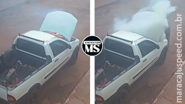 Veiculo parado pega fogo em frente de barbearia em Sidrolândia