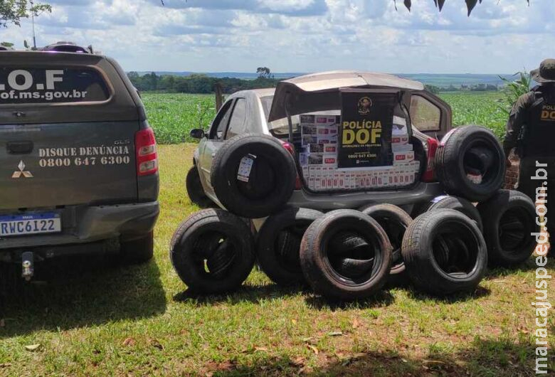 Polícia flagra veículo transportando cigarros e pneus ilegais Polícia flagra veículo transportando cigarros e pneus ilegais