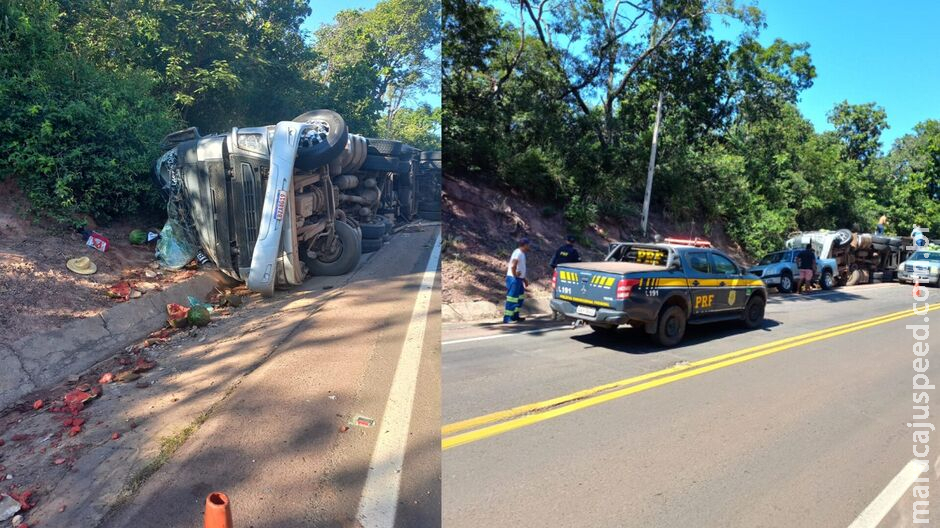 Carreta tomba, motorista sai ileso e distribui melancias na BR-163