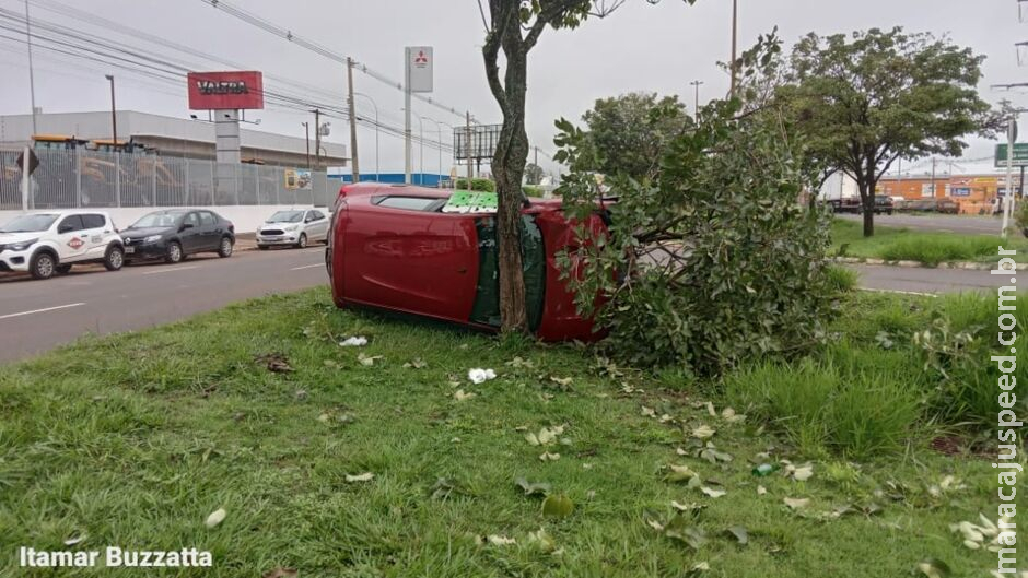 Motorista dorme ao volante, capota e bate em árvore na Avenida Cônsul Assaf Trad