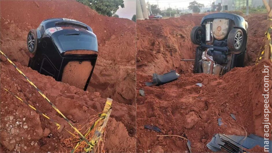 Carro cai em buraco de obra em Ribas do Rio Pardo Carro cai em buraco de obra em Ribas do Rio Pardo