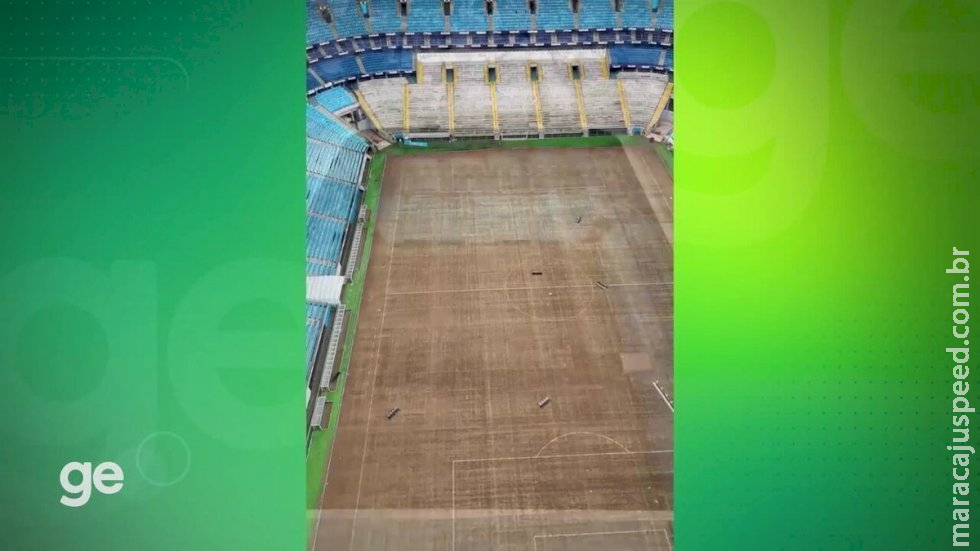 Imagens mostram estado do gramado da Arena do Grêmio após recuo da inundação