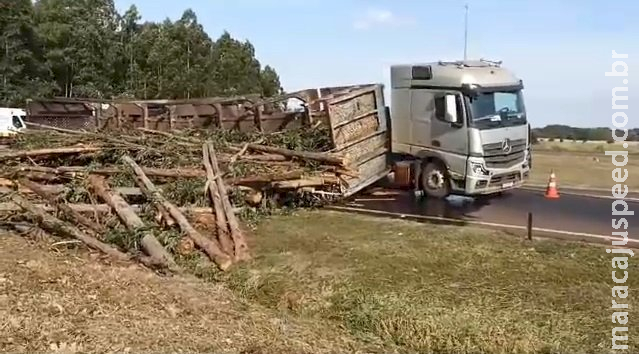 Carreta carregada de eucaliptos tomba em rotatória da BR-163 em Caarapó Carreta carregada de eucaliptos tomba em rotatória da BR-163 em Caarapó