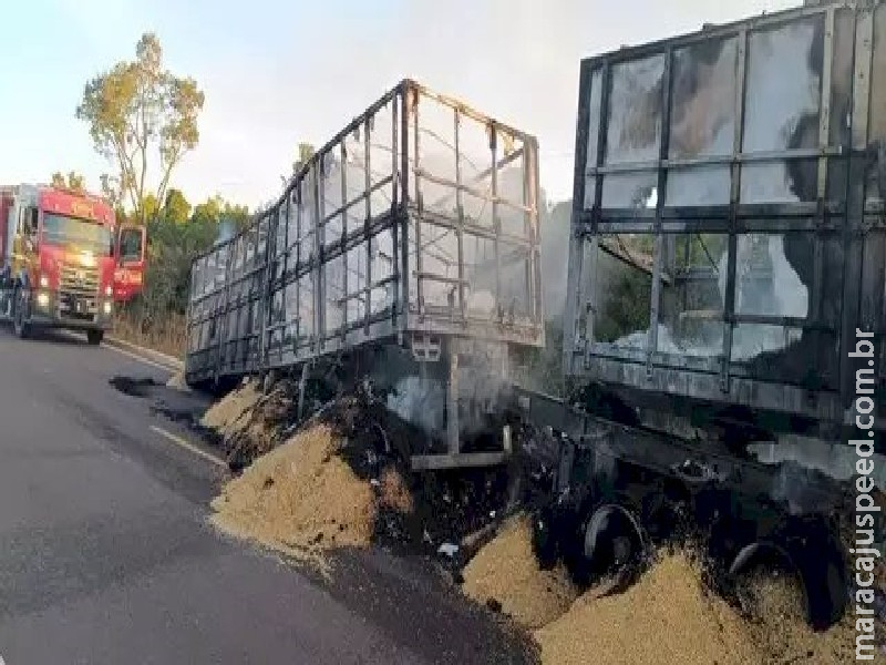 Roda de carreta pega fogo na rodovia MS-338 e carga de milho é consumida pelas chamas Roda de carreta pega fogo na rodovia MS-338 e carga de milho é consumida pelas chamas