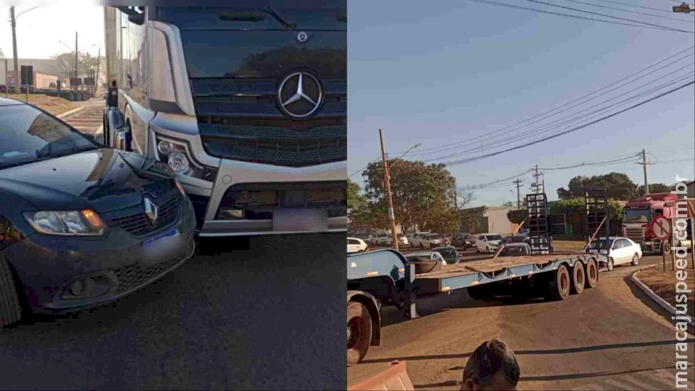 Colisão entre carro e caminhão deixa trânsito lento na rotatória da BR-163 Colisão entre carro e caminhão deixa trânsito lento na rotatória da BR-163
