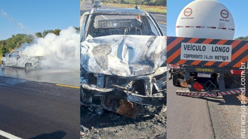 Picape bate na traseira de carreta e pega fogo na BR-262 em Nova Andradina Picape bate na traseira de carreta e pega fogo na BR-262 em Nova Andradina