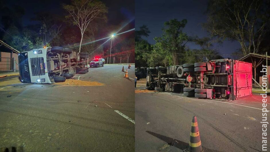 Caminhão carregado com carne tomba em rotatória na Afonso Pena Caminhão carregado com carne tomba em rotatória na Afonso Pena