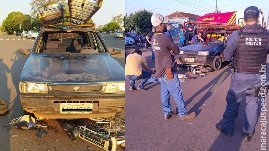 Idoso em bicicleta elétrica é lançado para dentro de carro em batida em Ivinhema