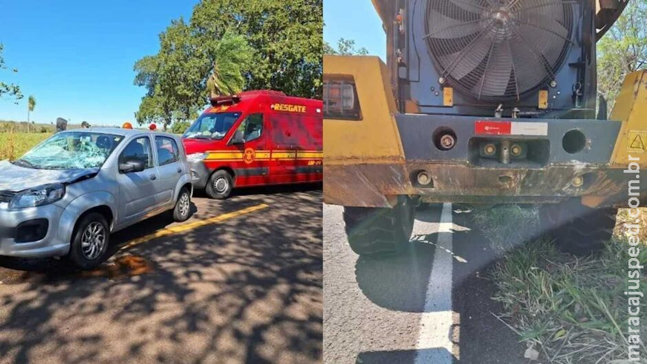 Mulher é socorrida com fratura após bater Uno em máquina agrícola na MS-450, em Aquidauana Mulher é socorrida com fratura após bater Uno em máquina agrícola na MS-450, em Aquidauana