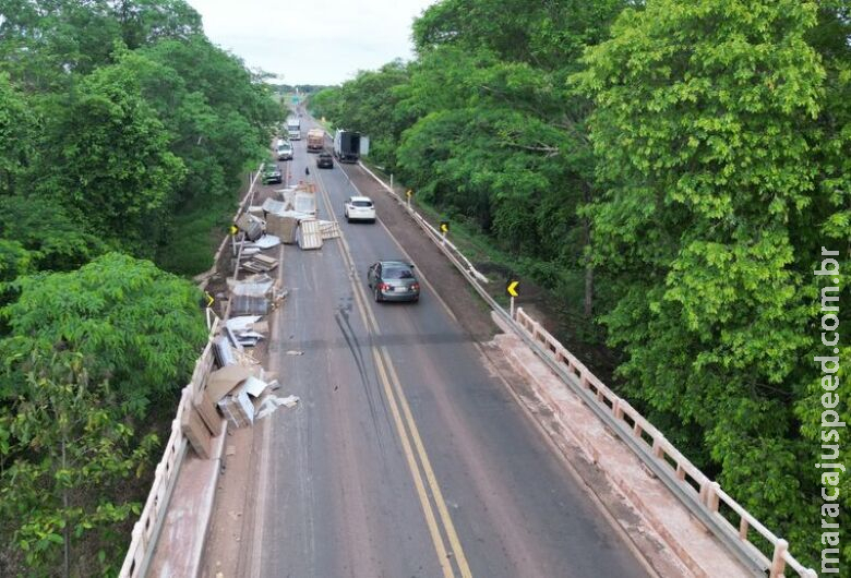 Motorista tomba carreta carregada com pallet e papelão ao tentar desviar de animal na pista Motorista tomba carreta carregada com pallet e papelão ao tentar desviar de animal na pista