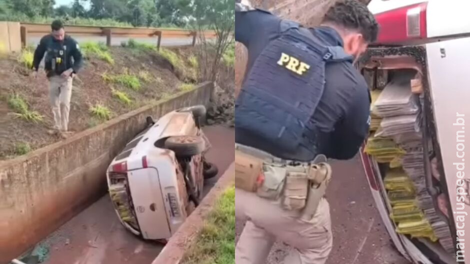 Contrabandista tenta fugir da PRF e derruba carro em valeta em Dourados Contrabandista tenta fugir da PRF e derruba carro em valeta em Dourados