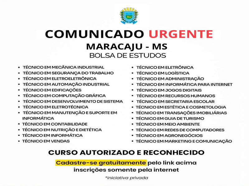 MARACAJU - MS ABERTAS AS INSCRIÇÕES PARA CURSOS TÉCNICOS