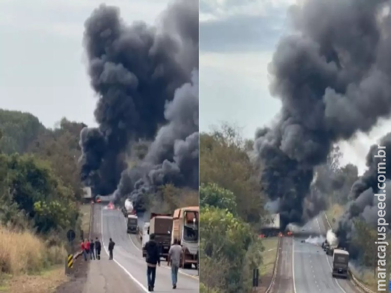 Acidente termina com explosão e veículos queimados na BR-163 Acidente termina com explosão e veículos queimados na BR-163