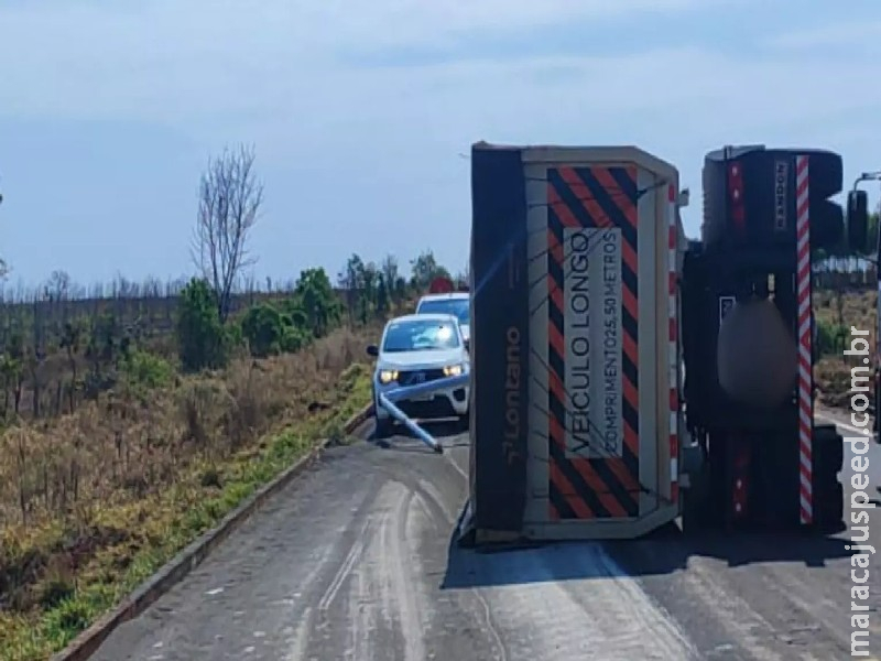 Carreta carregada com adubo tomba e vegetação às margens da MS-040 pega fogo