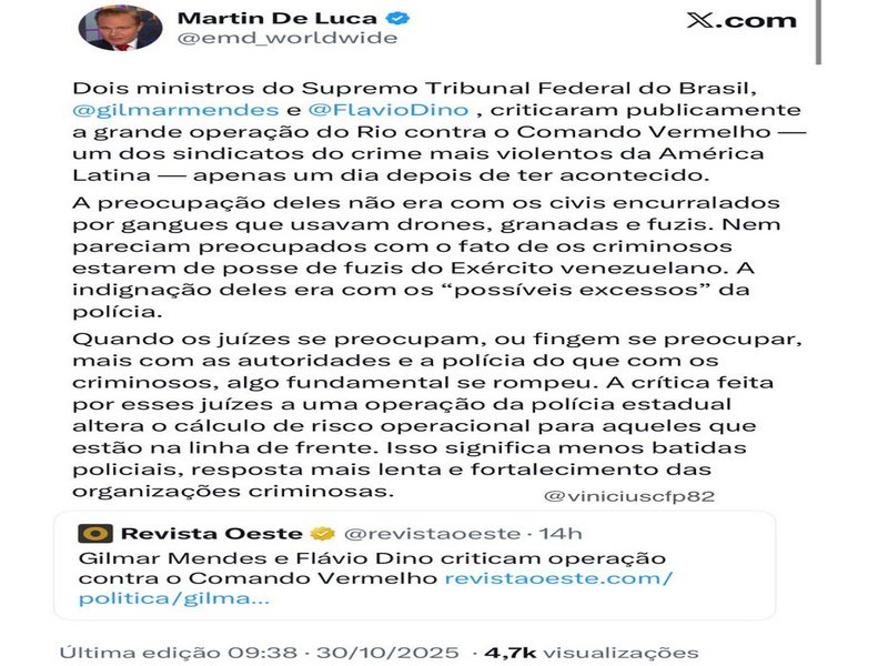 Advogado de Trump critica Gilmar Mendes e Flávio Dino por condenarem operação contra o Comando Vermelho