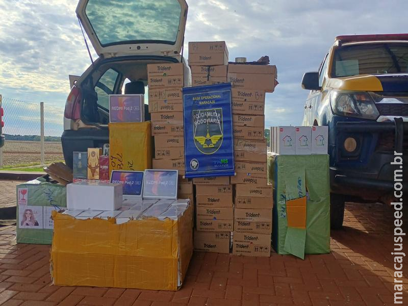 Carro recheado de contrabando é apreendido na MS-162 em Maracaju; prejuízo ao crime ultrapassa R$ 40 mil