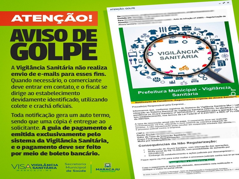 Golpistas se passam pela Vigilância Sanitária: Prefeitura de Maracaju alerta empresários sobre tentativas de fraude