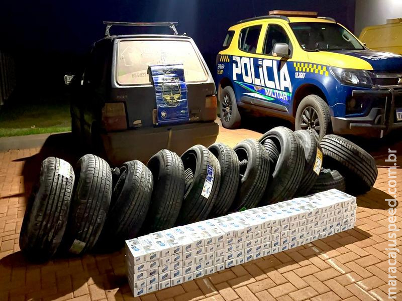 Fiat Uno recheado com pneus e cigarros é apreendido na MS-164 em Maracaju; prejuízo ao crime é de R$ 72,5 mil