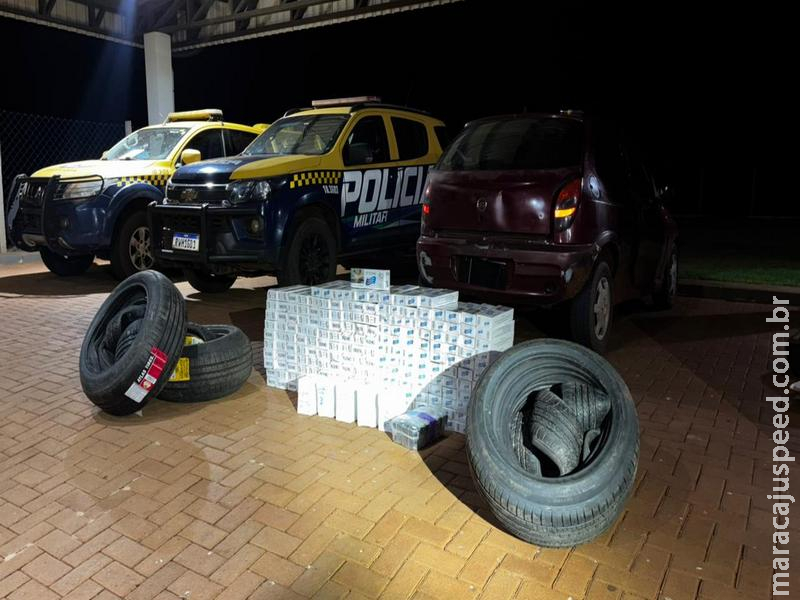 Carro é apreendido em Maracaju com carga de contrabando que ia de pneus a baterias de iPhone