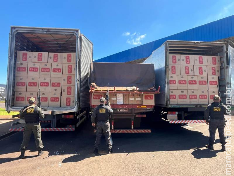 DOF apreende três caminhões carregados com cigarros contrabandeados avaliados em quase R$ 3 milhõesDOF apreende três caminhões carregados com cigarros contrabandeados avaliados em quase R$ 3 milhões