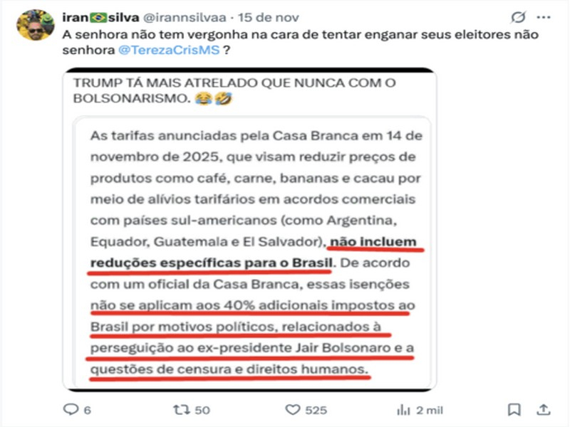 Tereza Cristina elogia diplomacia do Brasil com EUA e é criticada