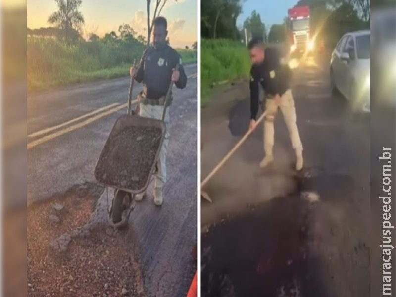 Agentes da PRF são filmados tapando buracos na BR-376 em MS após acidentes