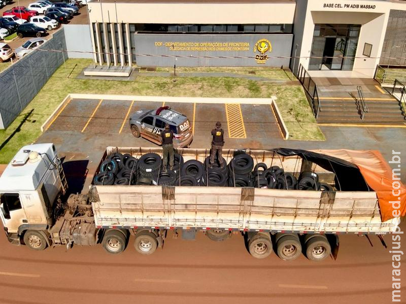 DOF apreende carreta abandonada com carga de pneus avaliada em R$ 230 mil em Maracaju